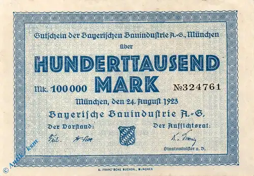 Notgeld München , Bauindustrie , 100.000 Mark Schein l-gbr , Keller 3654.a , 24.08.1923 , Bayern Großnotgeld