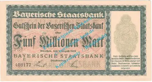 München , Notgeld 5 Millionen Mark Schein in kfr. Keller 3657.d , Bayern 1923 Grossnotgeld Inflation