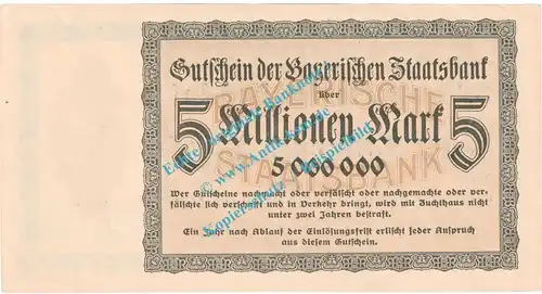 München , Notgeld 5 Millionen Mark Schein in kfr. Keller 3657.d , Bayern 1923 Grossnotgeld Inflation