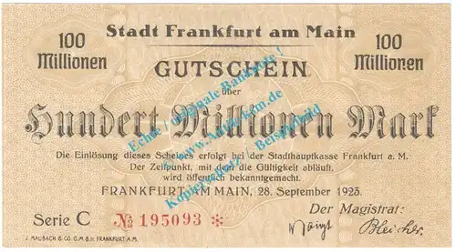Frankfurt M. Notgeld 100 Millionen Mark -braun- in kfr. Keller 1522.k-r , Hessen 1923 Grossnotgeld Inflation