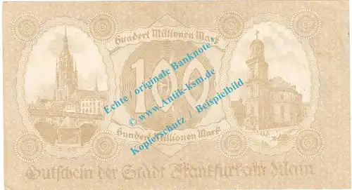 Frankfurt M. Notgeld 100 Millionen Mark -braun- in kfr. Keller 1522.k-r , Hessen 1923 Grossnotgeld Inflation