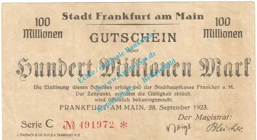 Frankfurt M. Notgeld 100 Millionen Mark Schein in gbr. Keller 1522.k-r , Hessen 1923 Grossnotgeld Inflation