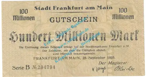 Frankfurt M. Notgeld 100 Millionen Mark Schein in gbr. Keller 1522.k-r , Hessen 1923 Grossnotgeld Inflation