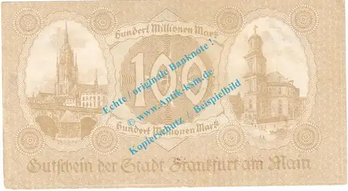 Frankfurt M. Notgeld 100 Millionen Mark Schein in gbr. Keller 1522.k-r , Hessen 1923 Grossnotgeld Inflation