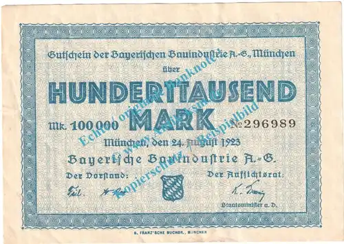 München , Notgeld 100.000 Mark Schein in gbr. Keller 3654.a , Bayern 1923 Grossnotgeld Inflation