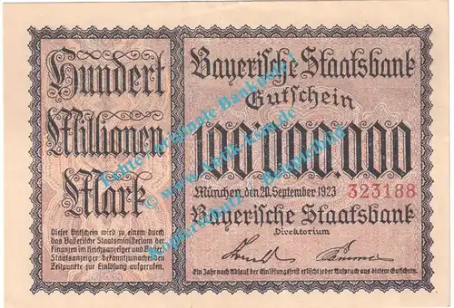 München , Notgeld 100 Millionen Mark Schein in f-kfr. Keller 3657.e , Bayern 1923 Grossnotgeld Inflation