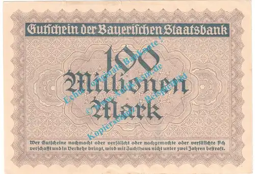 München , Notgeld 100 Millionen Mark Schein in f-kfr. Keller 3657.e , Bayern 1923 Grossnotgeld Inflation