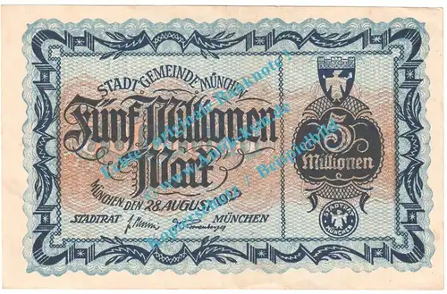 München , Notgeld 5 Millionen Mark Schein in L-gbr. Keller 3650.c , Bayern 1923 Grossnotgeld Inflation