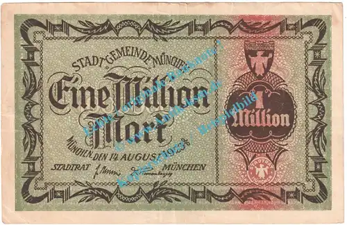 München , Notgeld 1 Million Mark Schein in gbr. Keller 3650.a , Bayern 1923 Grossnotgeld Inflation