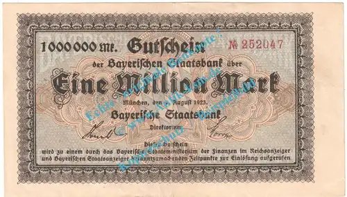 München , Notgeld 1 Million Mark Schein in gbr. Keller 3657.a , Bayern 1923 Grossnotgeld Inflation