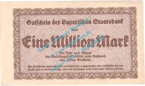 München , Notgeld 1 Million Mark Schein in gbr. Keller 3657.a , Bayern 1923 Grossnotgeld Inflation