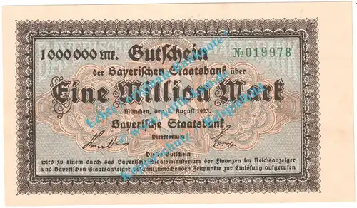 München , Notgeld 1 Million Mark Schein in kfr. Keller 3657.a , Bayern 1923 Grossnotgeld Inflation