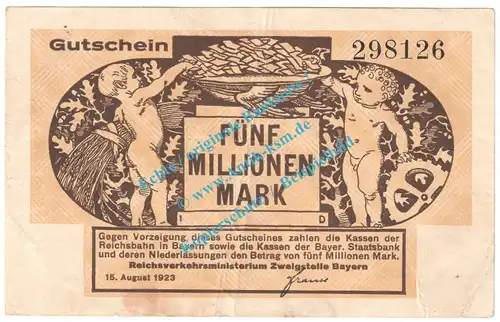 München , Notgeld 5 Million Mark Schein in gbr. Keller 3669.b , Bayern 1923 Grossnotgeld Inflation