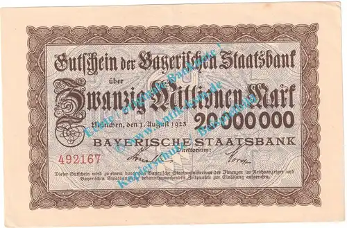 München , Notgeld 20 Millionen Mark Schein in kfr. Keller 3657.d , Bayern 1923 Grossnotgeld Inflation