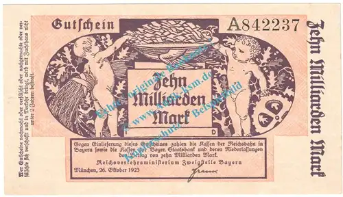 München , Notgeld 10 Milliarden Mark Schein in kfr. Keller 3669.d , Bayern 1923 Grossnotgeld Inflation