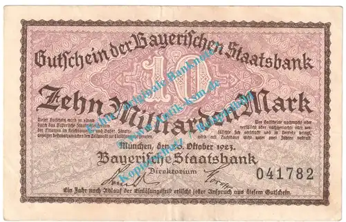 München , Notgeld 10 Milliarden Mark Schein in gbr. Keller 3657.f , Bayern 1923 Grossnotgeld Inflation