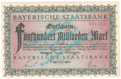 München , Notgeld 500 Milliarden Mark Schein in kfr. Keller 3657.f , Bayern 1923 Grossnotgeld Inflation