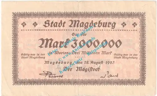 Magdeburg , Notgeld 3 Millionen Mark Schein in gbr. Keller 3381.f , Sachsen Anhalt 1923 Grossnotgeld Inflation