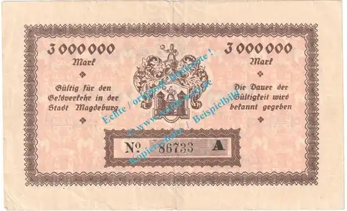 Magdeburg , Notgeld 3 Millionen Mark Schein in gbr. Keller 3381.f , Sachsen Anhalt 1923 Grossnotgeld Inflation