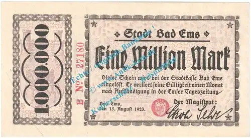 Bad Ems , Notgeld 1 Million Mark Schein in kfr. Keller 1353.b , Hessen 1923 Grossnotgeld Inflation