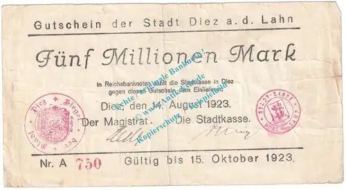 Diez , Notgeld 5 Millionen Mark Schein in gbr. Keller 1009.a , Hessen 1923 Grossnotgeld Inflation