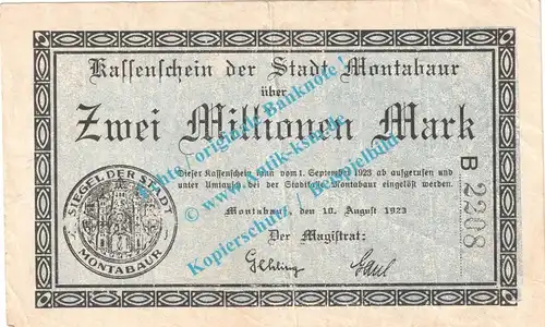 Montabaur , Notgeld 2 Millionen Mark Schein in gbr. Keller 3598.a , Hessen 1923 Grossnotgeld Inflation