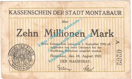 Montabaur , Notgeld 10 Millionen Mark Schein in gbr. Keller 3598.a , Hessen 1923 Grossnotgeld Inflation