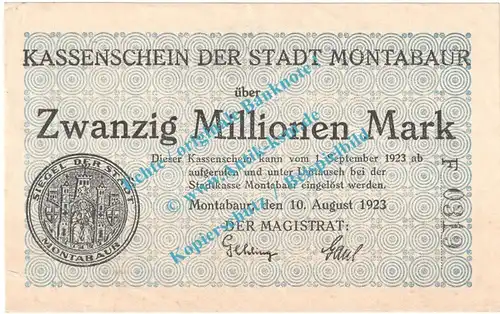 Montabaur , Notgeld 20 Millionen Mark Schein in L-gbr. Keller 3598.a , Hessen 1923 Grossnotgeld Inflation