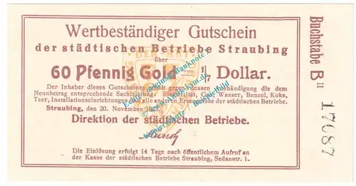 Straubing , 60 Pfennig Gold Notgeld Schein in kfr. Müller 4815.2 , Bayern 1923 Wertbeständig