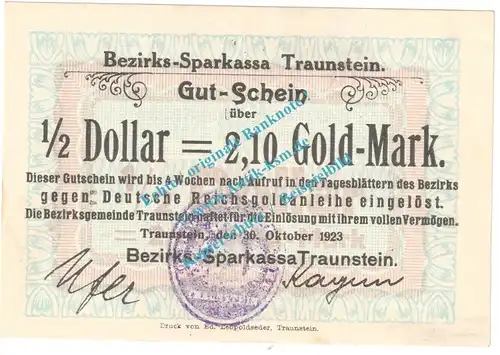Traunstein , 2,10 Mark Gold Notgeld Schein in kfr. Müller 4945.2 , Bayern 1923 Wertbeständig