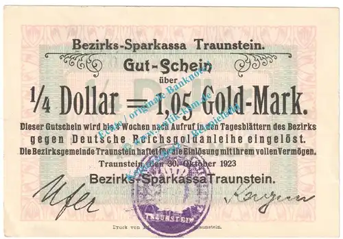 Traunstein , 1,05 Mark Gold Notgeld Schein in kfr. Müller 4945.1 , Bayern 1923 Wertbeständig