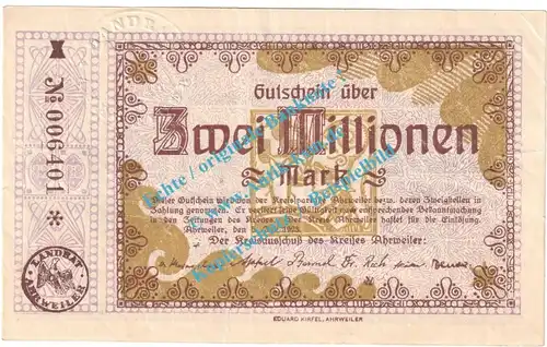 Ahrweiler , Notgeld 2 Million Mark -Stempel- in gbr. Keller 28.a.42 , Rheinland 1923 Grossnotgeld Inflation