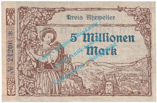 Ahrweiler , Notgeld 5 Million Mark -blau- in f-kfr. Keller 28.a.44 , Rheinland 1923 Grossnotgeld Inflation