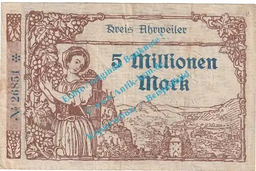 Ahrweiler , Notgeld 5 Million Mark -blau- in gbr. Keller 28.a.44 , Rheinland 1923 Grossnotgeld Inflation