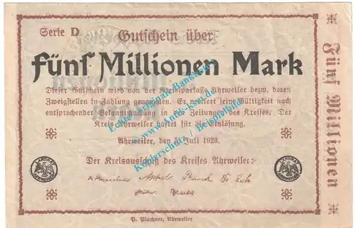 Ahrweiler , Notgeld 5 Million Mark -schwarz- in f-kfr. Keller 28.a.45 , Rheinland 1923 Grossnotgeld Inflation