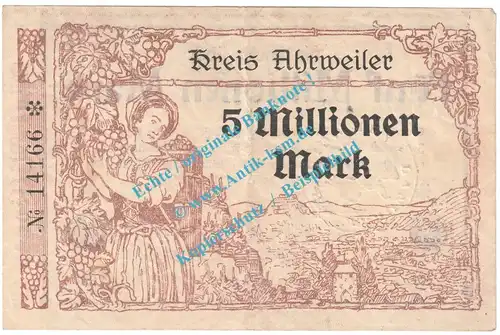 Ahrweiler , Notgeld 5 Million Mark -schwarz- in gbr. Keller 28.a.45 , Rheinland 1923 Grossnotgeld Inflation