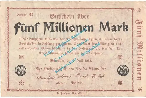 Ahrweiler , Notgeld 5 Million Mark -schwarz- in gbr. Keller 28.a.45 , Rheinland 1923 Grossnotgeld Inflation