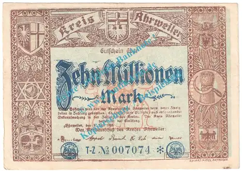 Ahrweiler , Notgeld 10 Millionen Mark Schein in gbr. Keller 28.a.46 , Rheinland 1923 Grossnotgeld Inflation