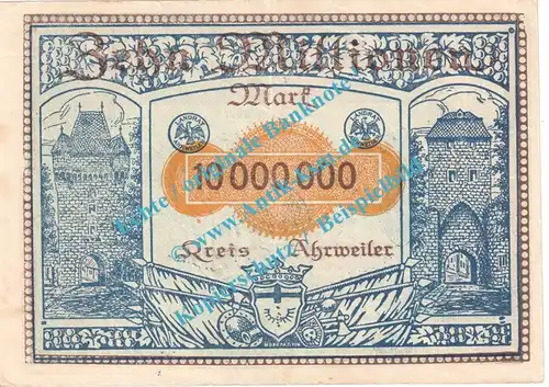 Ahrweiler , Notgeld 10 Millionen Mark Schein in gbr. Keller 28.a.46 , Rheinland 1923 Grossnotgeld Inflation