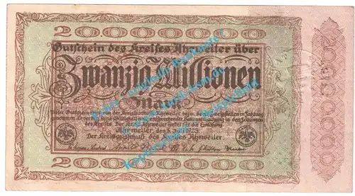 Ahrweiler , Notgeld 20 Millionen Mark -o.Wz in gbr. Keller 28.a , Rheinland 1923 Grossnotgeld Inflation