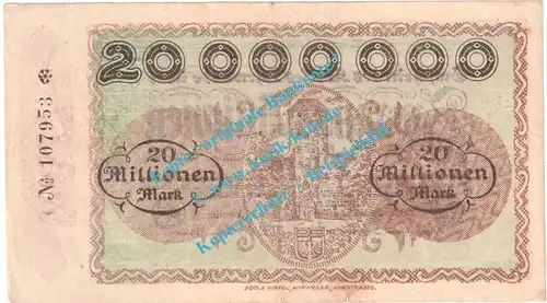 Ahrweiler , Notgeld 20 Millionen Mark -Wz- in f-kfr. Keller 28.a , Rheinland 1923 Grossnotgeld Inflation