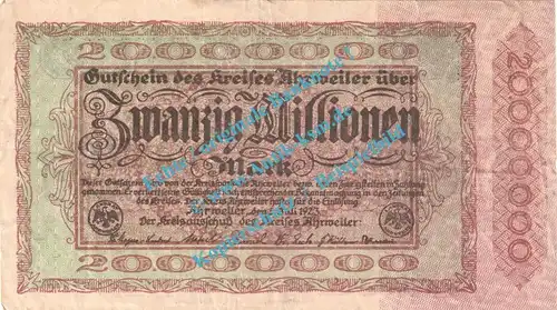 Ahrweiler , Notgeld 20 Millionen Mark -Wz- in gbr. Keller 28.a , Rheinland 1923 Grossnotgeld Inflation