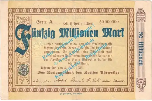 Ahrweiler , Notgeld 50 Millionen Mark -o.Wz- in gbr. Keller 28.a , Rheinland 1923 Grossnotgeld Inflation