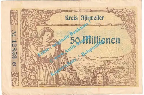 Ahrweiler , Notgeld 50 Millionen Mark -o.Wz- in gbr. Keller 28.a , Rheinland 1923 Grossnotgeld Inflation