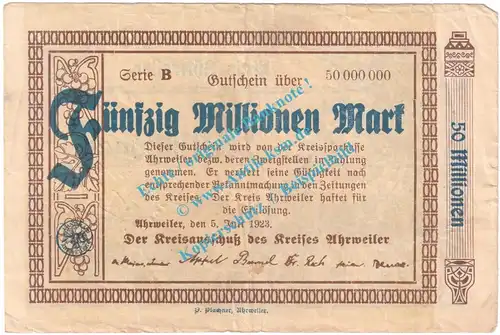 Ahrweiler , Notgeld 50 Millionen Mark -Wz- in gbr. Keller 28.a , Rheinland 1923 Grossnotgeld Inflation