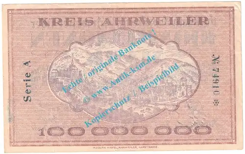 Ahrweiler , Notgeld 100 Millionen Mark -v.Kreise- in gbr. Keller 28.a , Rheinland 1923 Grossnotgeld Inflation