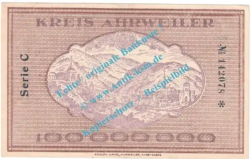 Ahrweiler , Notgeld 100 Millionen Mark -Achteck- in f-kfr. Keller 28.a , Rheinland 1923 Grossnotgeld Inflation