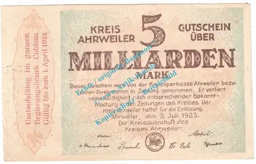 Ahrweiler , Notgeld 5 Milliarden Mark Schein in gbr. Keller 28.b.61 , Rheinland 1923 Grossnotgeld Inflation