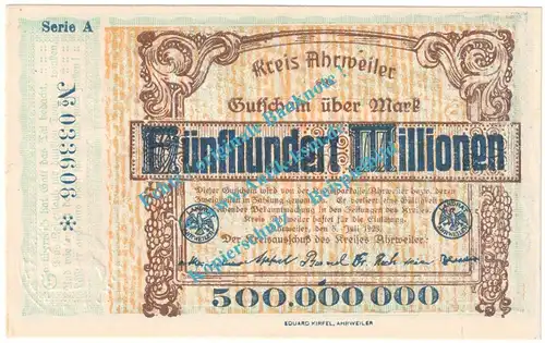 Ahrweiler , Notgeld 500 Millionen Mark Schein in kfr. Keller 28.a , Rheinland 1923 Grossnotgeld Inflation
