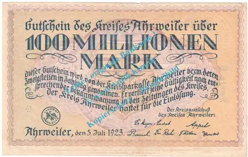 Ahrweiler , Notgeld 100 Millionen Mark -FEHLDRUCK- in kfr. Keller 28.a , Rheinland 1923 Grossnotgeld Inflation